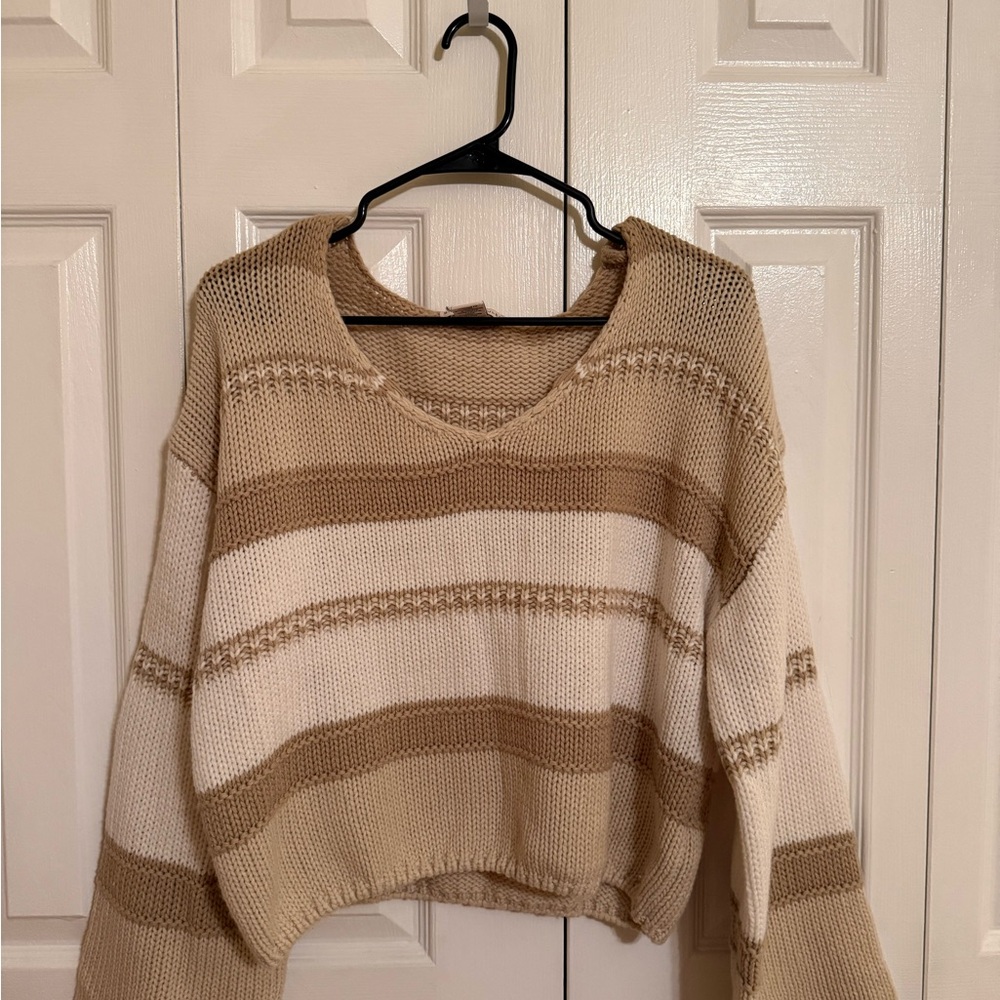 Sincerely Jules Beige and Cream Striped V-Neck Sweater